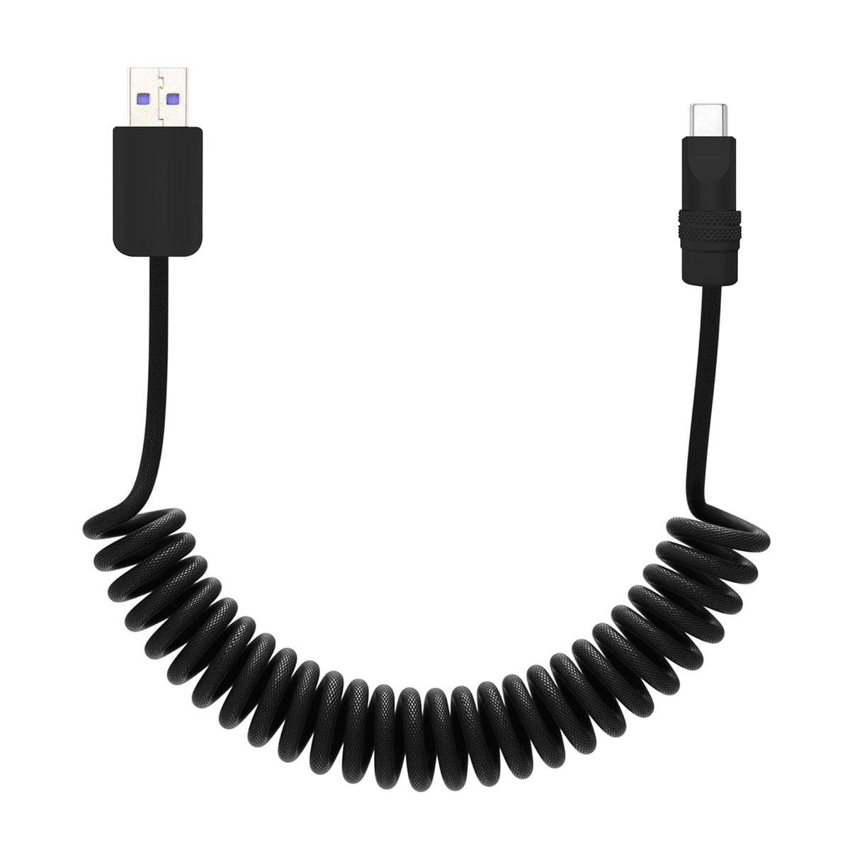 chubbycable Curly Chubby - Retractable Fast Charging Cable 240W Coiled Charger Cord for Car Durable USB-C Cable for Phones, Tablets and More, Black+Black, USB-A to Type-C, 1.3FT-2.3FT