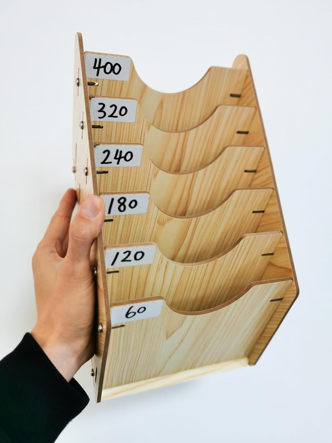 6-Tier Hanging Wooden Sandpaper Storage Holder, Sandpaper Organizer for Sanding Discs 5 Inch 6 Inch, Wall Mount Woodworking Tools Rack(Excluding Sandpaper), Maple Color, 1 Set