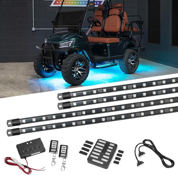 LEDGlow 4pc Million Color LED 4-Seater Golf Cart Underglow Accent Neon Lighting Kit Fits EZGO, Yamaha, Club Car, ICON, Evolution, Tomblerin, Star EV - for 12-Volt Battery - Water Resistant Flex Tubes