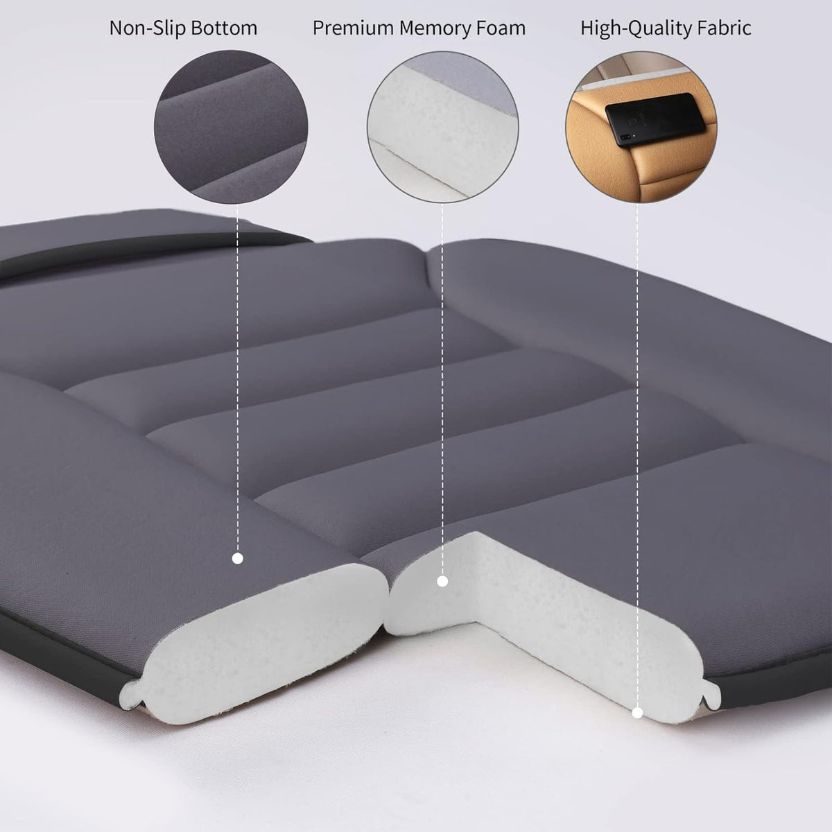 Premium Car Seat Cushion, Driver Cushion with Comfort Memory Foam & Non-Slip Rubber Bottom, Car Seat Pad Works with 95% of Vehicles and Office Chair or Home (Grey)