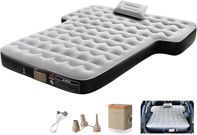 Coverado SUV Air Mattress, Thickened Flocked-Top Car Air Mattress with Wireless Built-in Pump, Pillows, Patch Kit & Carry Bag, Quick&Easy Set Up, SUV Mattress Camping Bed Universal fit for Most Cars