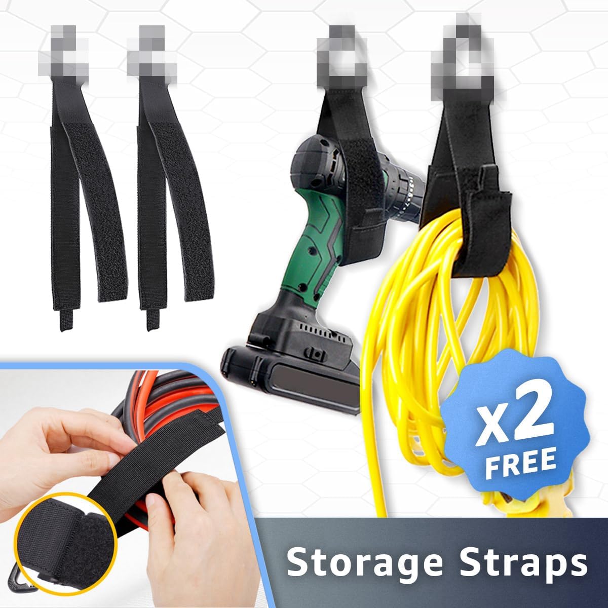 Garage Hooks 4-Pack, 11.8" Long Large Shed Storage Hanger Garden Tool Hook Heavy Duty Wall Mount Double Holder with 2 Extension Cord Storage Straps, Organize Yard Utility Hanging Ladder Black