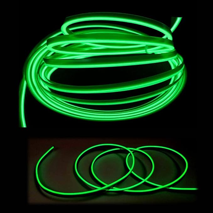 MaxLax Green LED Neon Car Interior Lighting Strip - 3 Meter Flexible 12V EL Wire with Built-in Fuse Protection for Automotive Interior Customization, Featuring 6mm Sewing Trim for Easy Installation.