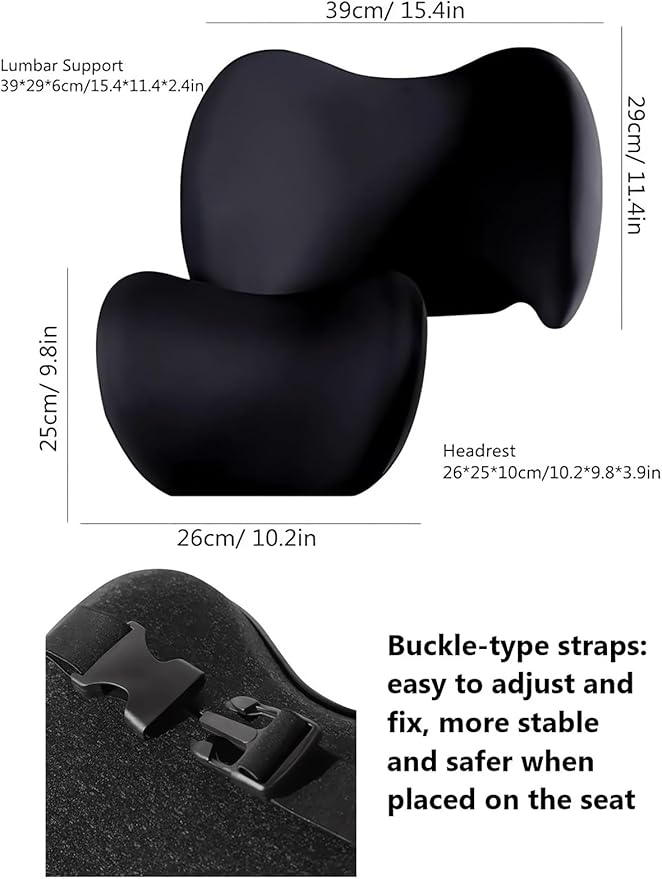 Car Headrest & Lumbar Support Cushion Ergonomic Car Seat Neck Back Rest Pillows Orthopedic Memory Foam Head Rest and Lower Lumbar Support Pillow Set Backrest Driving Seat Office Chair Support (Black)