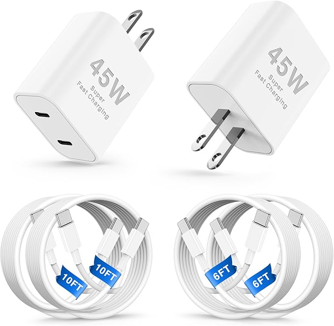 45W USB C iPhone 17 16 15 Fast Charger Block and 2x6ft/2x10ft Type C to C Cable Cord Long,Wall Charging Plug Adapter Cube Brick for Apple iPhone 17 Pro Max/17 Air/16 Pro Max/16/15 Pro/15 Plus/iPadMini
