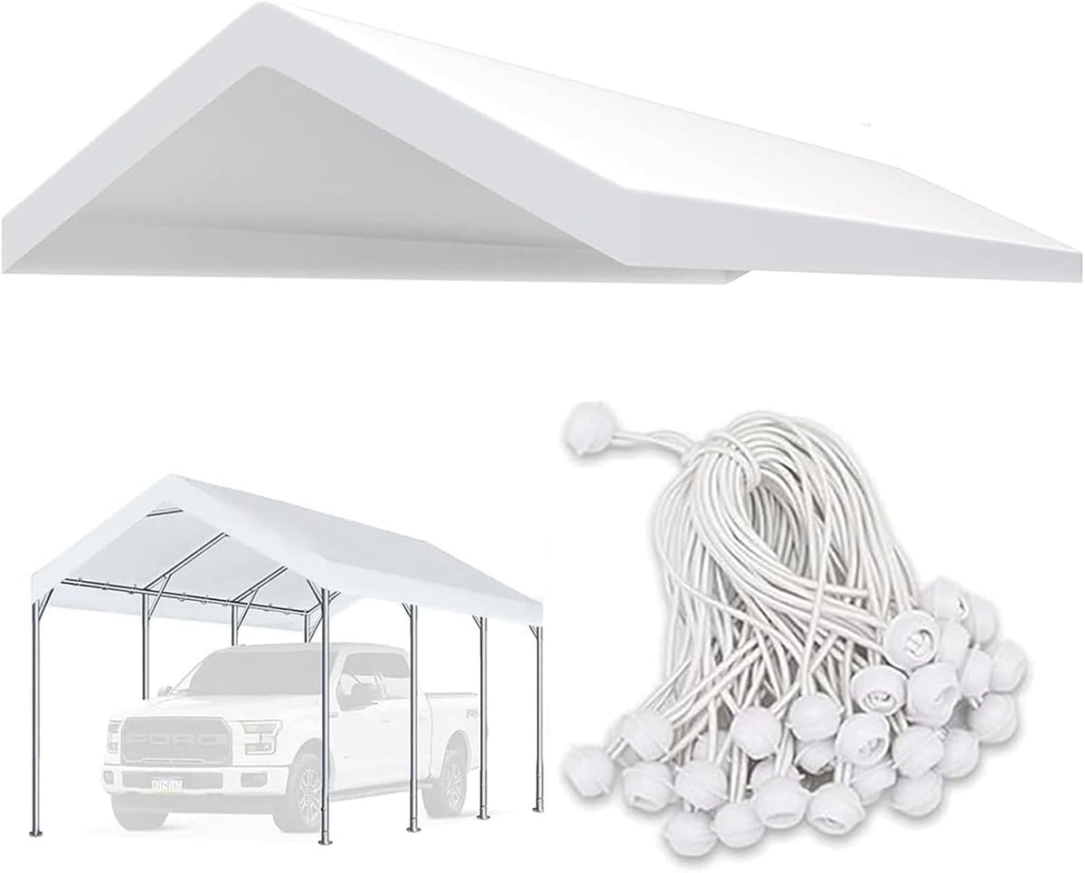 Upgraded Carport Replacement Canopy Cover for 10’ x 20‘ Car Tent Top Garage Shelter Cover Tarp with Ball Bungees (Only Top Cover, Frame Not Include) White