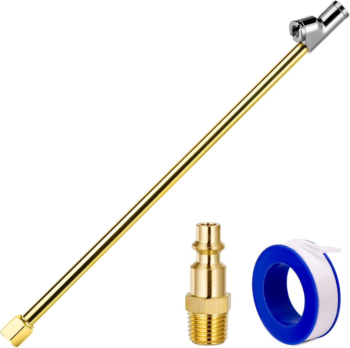 2-Way Connection 13.8" Extended Air Chuck Set, 1/4 in FNPT Straight Foot Dual Head Tire Inflate Chuck with Standard Brass Quick Plug, Tire Air Compressor Fill Kit for Truck RV Dually Tires