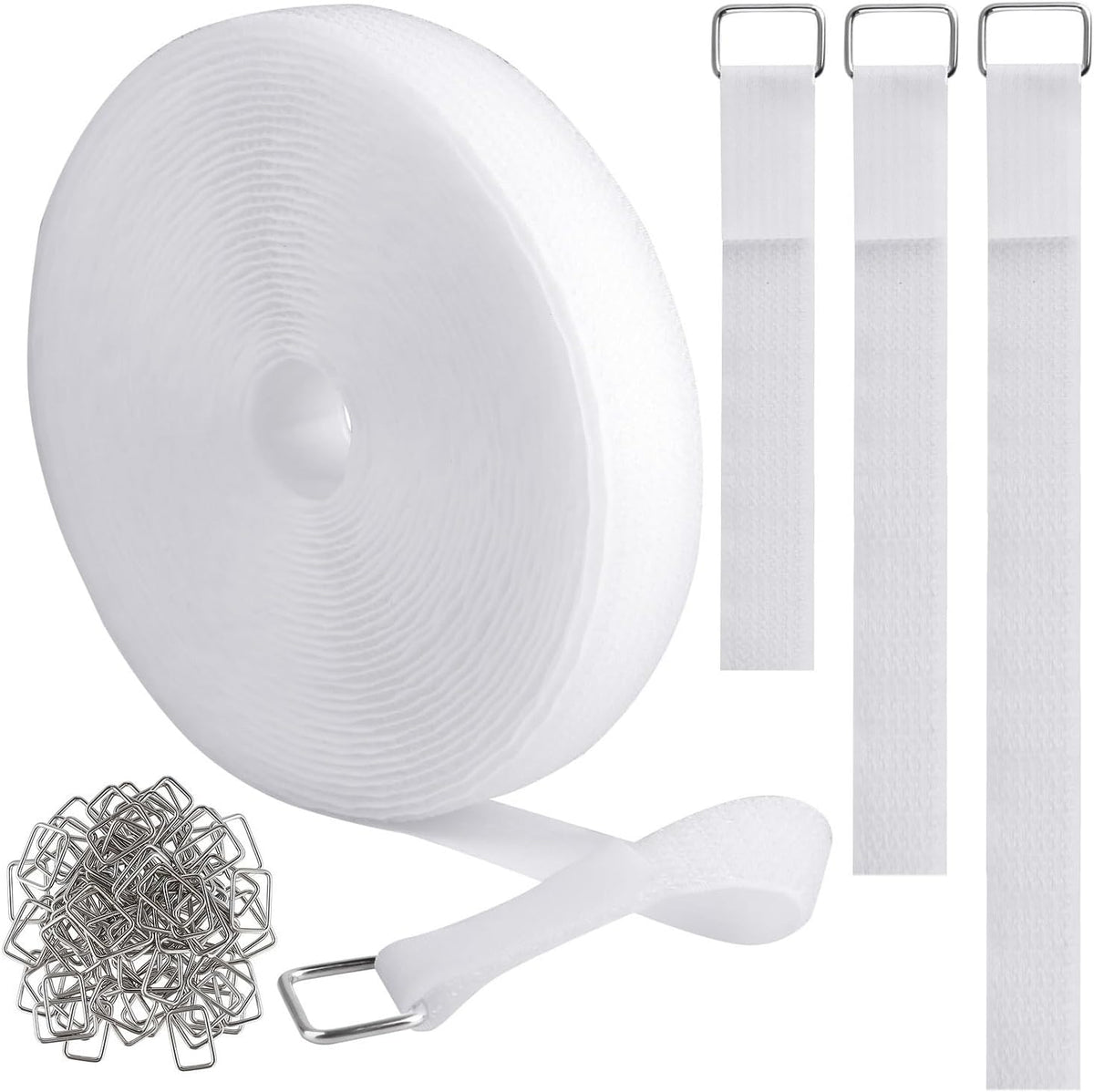 1"x32ft Hook and Loop Straps with 50 Metal Buckles, Adjustable Fastening Cable Straps, Cut-to-Length Cinch Strap, Reusable Nylon Securing Cord Ties for Organizer or Storage, 1 inch Wide, White