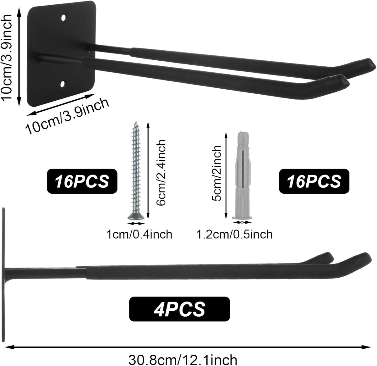 SHUESS 12.2 Inches Long Large Garage Hooks, 4 Pack Heavy Duty Garage Storage Utility Hooks, Wall Mount Organizer, Long Tool Hanger for Hanging Tire, Chairs, Hoses, Garden Tool, Bulk Items, Ropes, etc