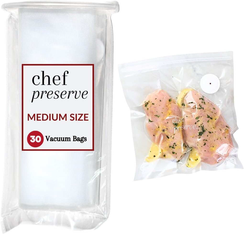 Chef Preserve Reusable Vacuum Sealer Bags for Food – 30 BPA-Free Medium (10 x 11 in) Food Storage Bags, Freezer, Microwave – Odor-Resistant, Leak-Proof – Compatible with Chef Preserve Vacuum Sealers