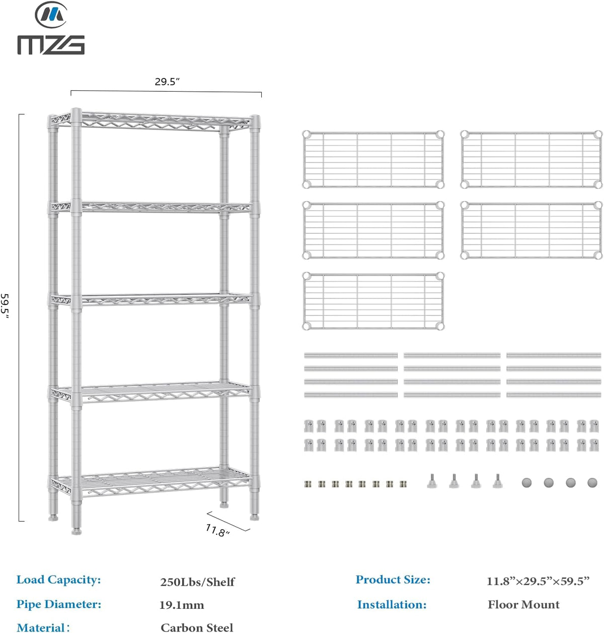 1250 lbs 5 Tier Shelf Metal Storage Shelves Wire Rack Closet Organizers for Garage Kitchen Bathroom Laundry White 11.8" D x 29.5" W x 59.5" H