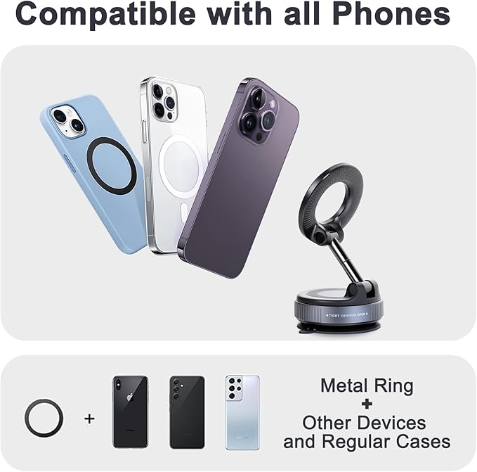 Vacuum Magnetic Car Phone Holder, 360° Adjustable Magsafe Car Mount with Strong Suction Cup for iPhone Android All Smartphones，Foldable Magnetic Phone Holder for Car/Gym/Mirror/Smooth Surface