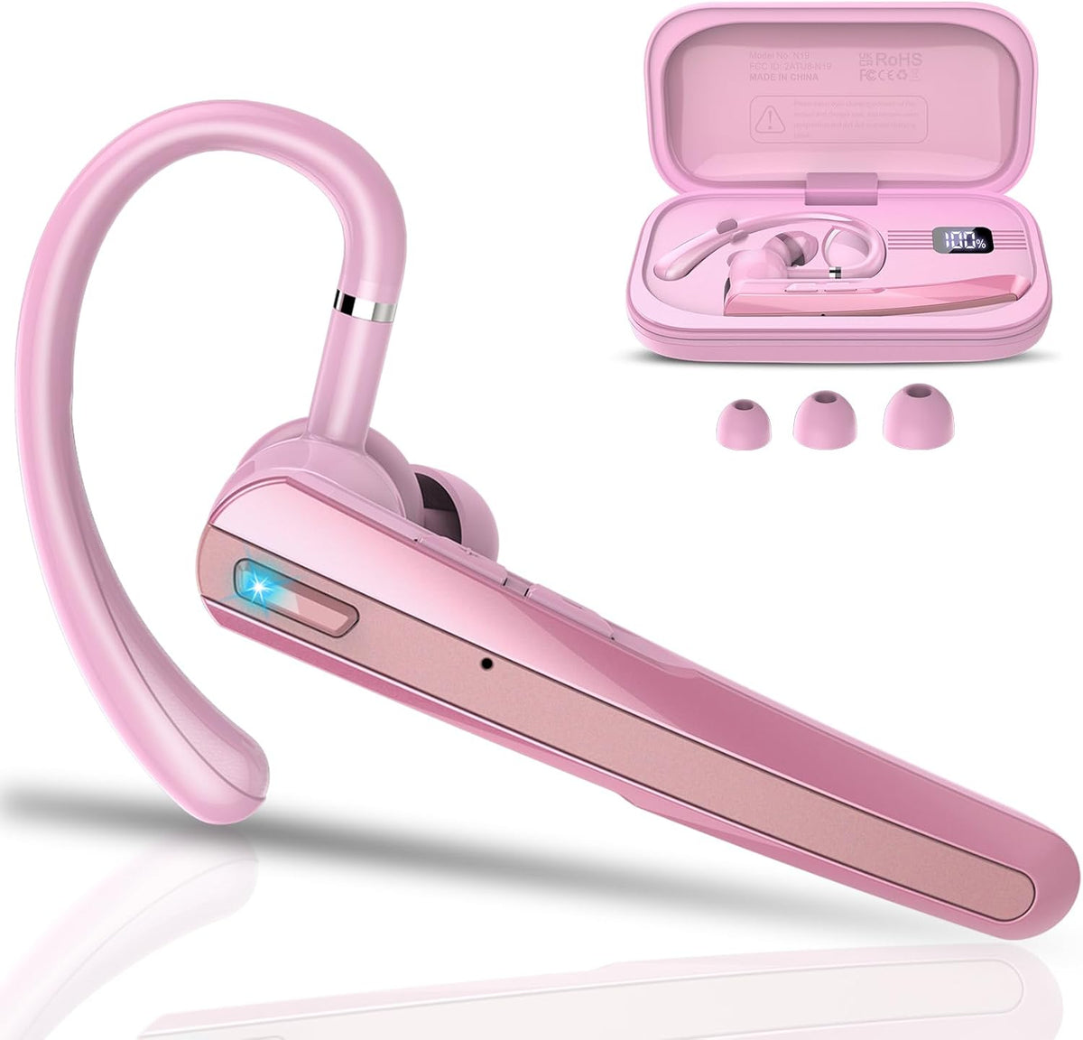 Bluetooth Headset V5.3, Wireless Earpiece with Dual ENC Noise Canceling Mic, 120H Hand-Free Talk Single-Ear Bluetooth Earpiece with LED Display, IP7 Waterproof Headphones for Trucker, Pink