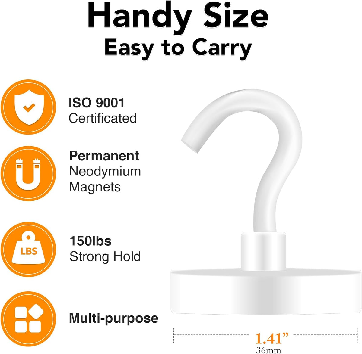 MIKEDE Magnetic Hooks Heavy Duty, 150LB Super Strong Magnetic Hooks for Cruise, Neodymium Earth Magnets with Hook for Hanging, Magnetic Metal Hanger for Fridge, Toolbox, Storage, (White, 4 Pack)