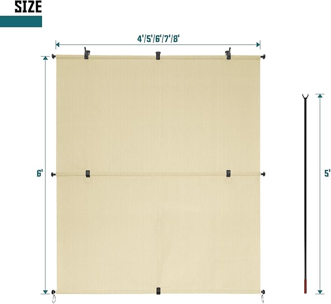 Bynbbur 7'W x 10'H Outdoor Patio Shades Foldable Roller Blinds, 220 GSM Sun Shade Roll Up Porch Screens Exterior Shade Cloth for Deck Pergola Backyard, Beige