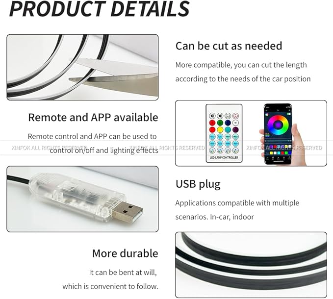 Ambient Lighting Car led Lights Interior, 43.3'' USB Powered Acrylic Neon Flexible Strip Model y Ambient Lighting kit with Remote APP,Dynamic RGB 2 in 1 Music Lights Sync for Inside car Decorations