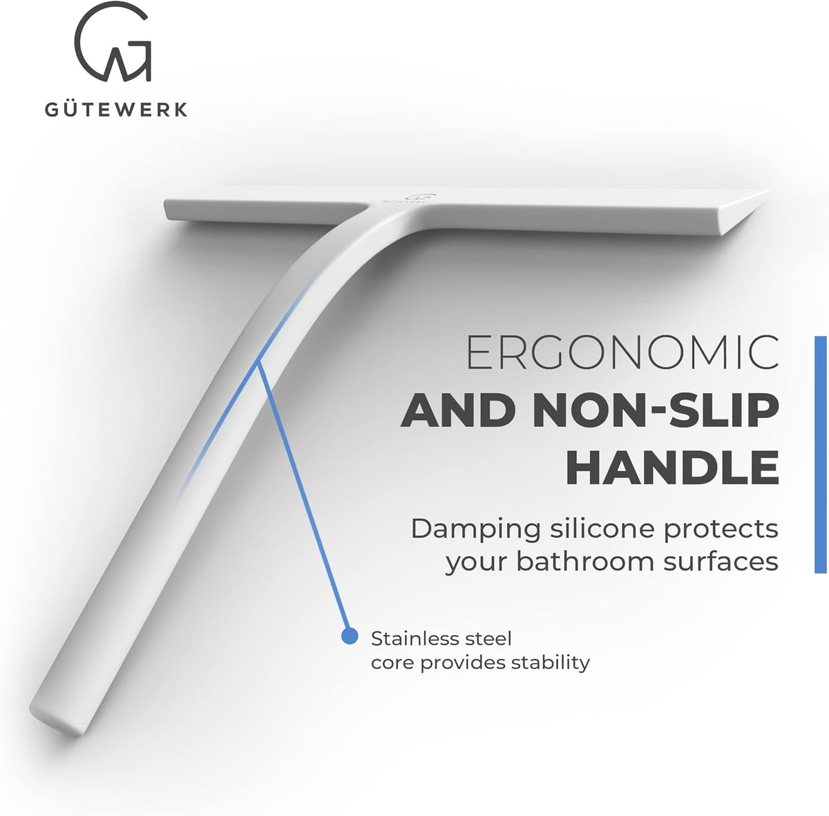 GÜTEWERK Shower Squeegee for Glass Doors, Silicone Window Squeegee, Bathroom and Glass Cleaning - White - 9 Inch