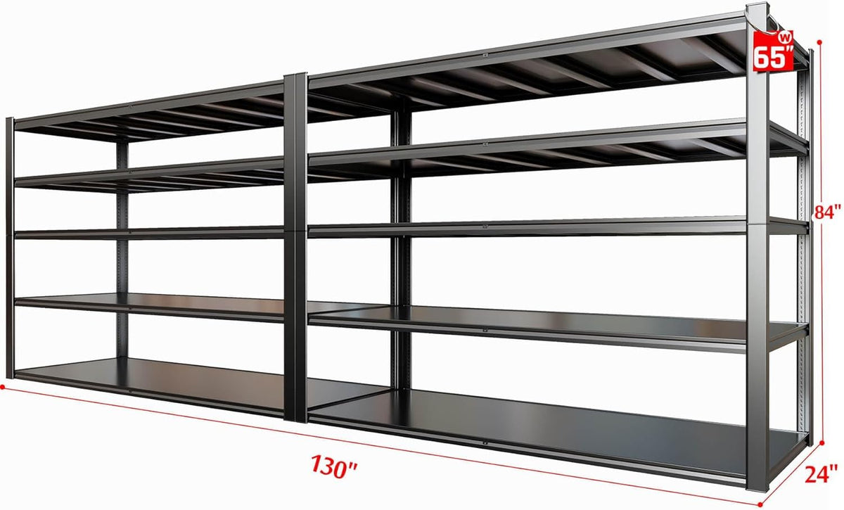65" W Heavy Duty Garage Shelving, 84" H Garage Storage Shelves, 5 Tier Metal Shelving Unit, Adjustable Commercial Shelving, 2 Pack