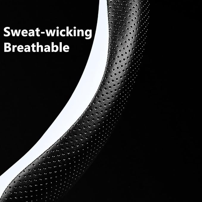 Carodi Leather Car Steering Wheel Cover, Elegant, Fashionable, Comfortable, Non-Slip, Breathable, Universal 15 inch, Black and White
