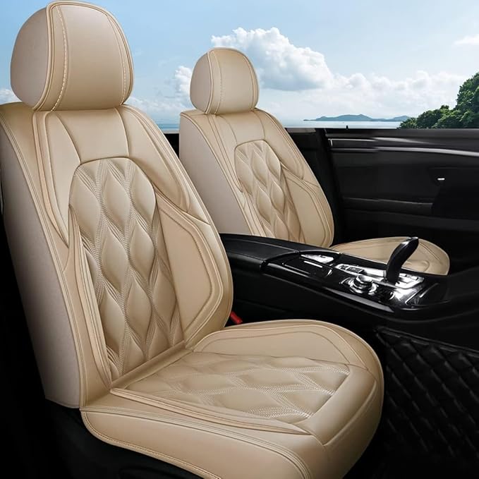 AOMSAZTO Car Seat Covers 2 Front Seats Custom Fit for Chevrolet/Chevy Traverse 2018-2026 Leather Car Seat Cover Seat Cushion Protector Airbag Compatible Waterproof Beige