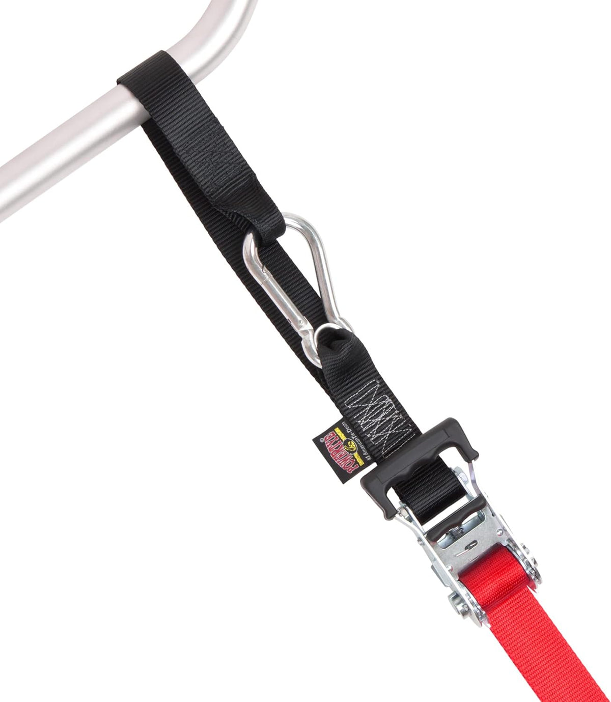 PowerTye - Made in USA - Extra Long Ratchet Tie Down Straps, Heavy Duty with Carabiner Hooks, Soft-Tye & Bag, for Motorcycle, ATV & Cargo, 1,000 lb WLL, 1.5 inch x 10ft Long, Red/Black (Pair)