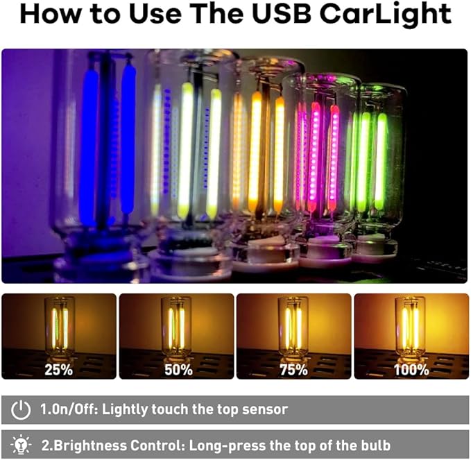 4Pcs Car USB Night Light, Touch Adjustment LED Ambient Lighting Plug in USB Automotive Night Lamps, Mini LED Bulb for Car, Camping, Holiday, Decoration, Bedroom, Party(Yellow)