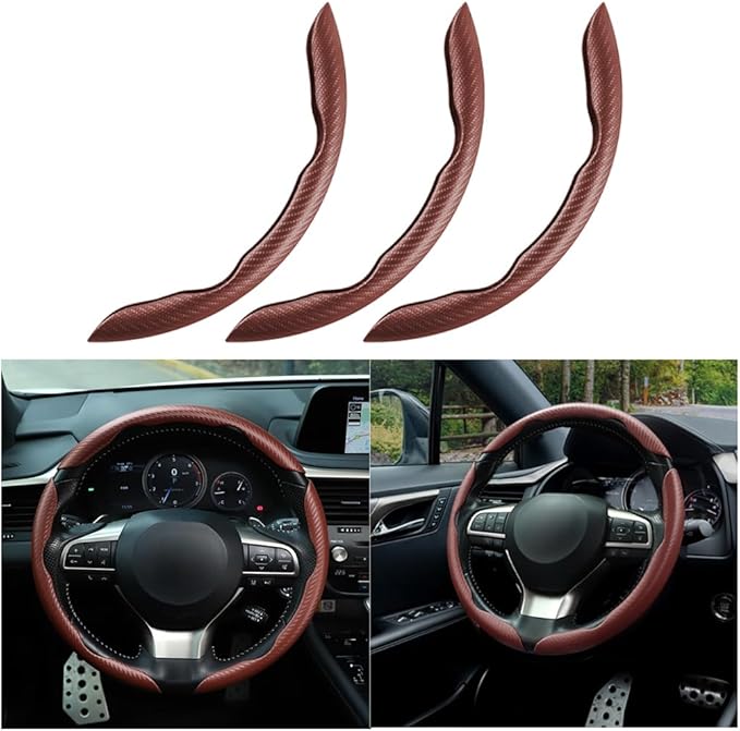 Mandark 3PCS Carbon Fiber Car Steering Wheel Cover, Anti-Skid Leather Vehicle Segmented Steer Wheel Protector, Auto Interior Protection Guard Accessories, Universal for Most Cars (Brown)