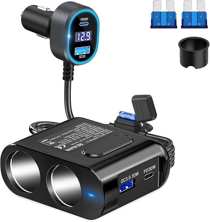 Cigarette Lighter Splitter 12V Plug 2-Socket with PD 65W Port, Car USB Charger Multi Port 300W 12V/24V Adapter with Voltage Display and 15A Fuse for All Car Devices, DC Outlet Car Accessories