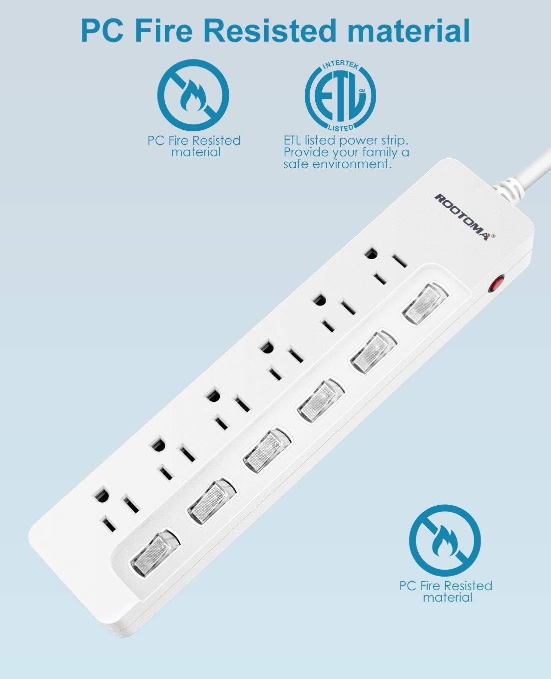 ROOTOMA Power Strip Surge Protector with Individual Switches,6-Foot 14AWG Long Extension Cord 1875W/15A Wall Mount for Office Dorm Home Theatre (6outlets-6ft)