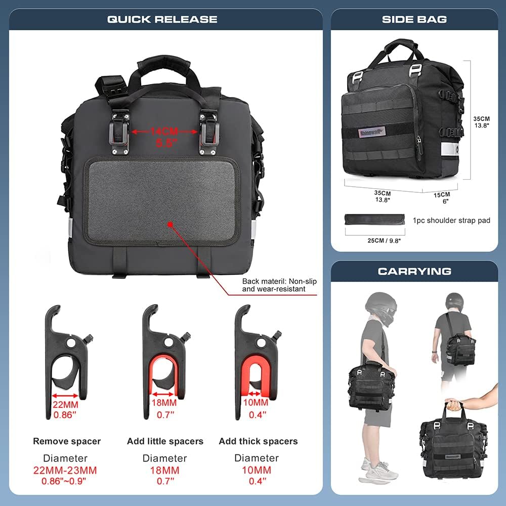 Rhinowalk Motorcycle Saddle Bag Waterproof Motor Pannier Bag Luggage Pack Quick Release Motorbike Side Bag 20L (Black)