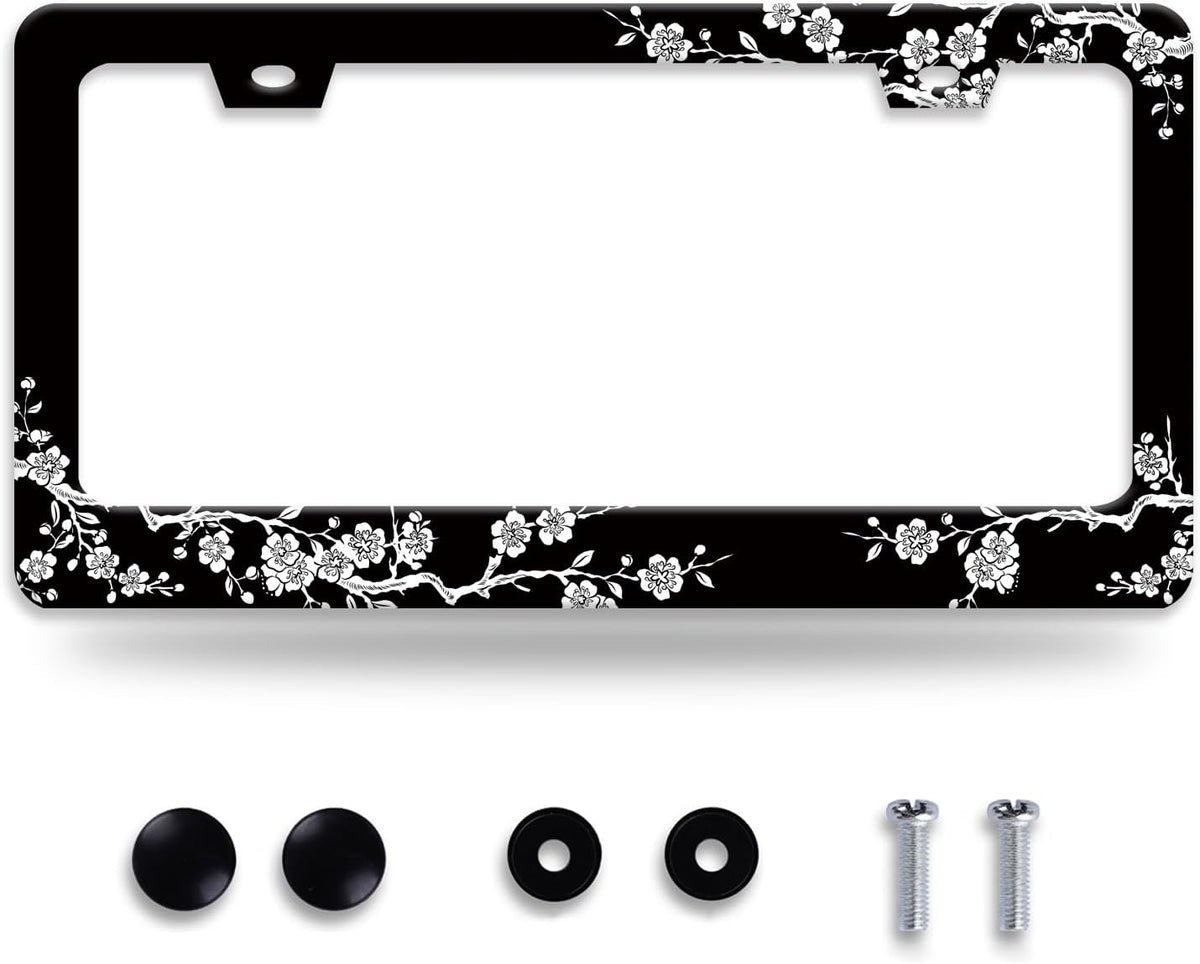 Cherry Blossoms License Plate Frame Beautiful Floral License Plate Frames for Car Decorative Parts Stainless Stee License Plate for Standard Us Canada Funny License Plate Holder 12x6 in for Men Women