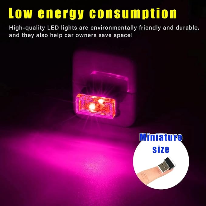 Augeny 4 PCS USB LED Car Interior Atmosphere Lamp, Plug-in USB Decor Night Light, Portable Auto Ambient Lighting Kit, Universal Vehicle Interior Accessories for Most Cars (Purple)