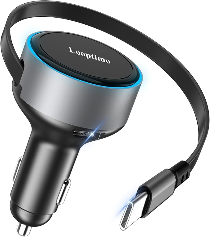 Retractable Car Charger USB C, 90W Phone Cigarette Lighter Adapter USB-C Fast Charging Plug Car Accessories for iPhone 17 16 15 Pro Max, iPad, Android, Built-in Type-C Cable, Gifts for Women Men