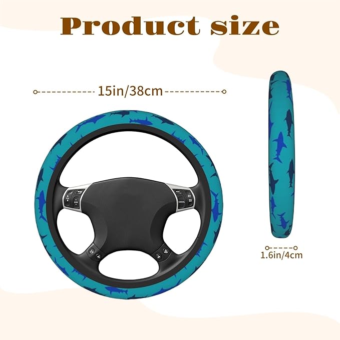 Steering Wheel Cover Accessories Neoprene Cover, Breathable Non-Slip Easy to Install Suitable for Women Men, 14.5-15.5 Inch for Car SUV Van Truck Universal - Cute Shark