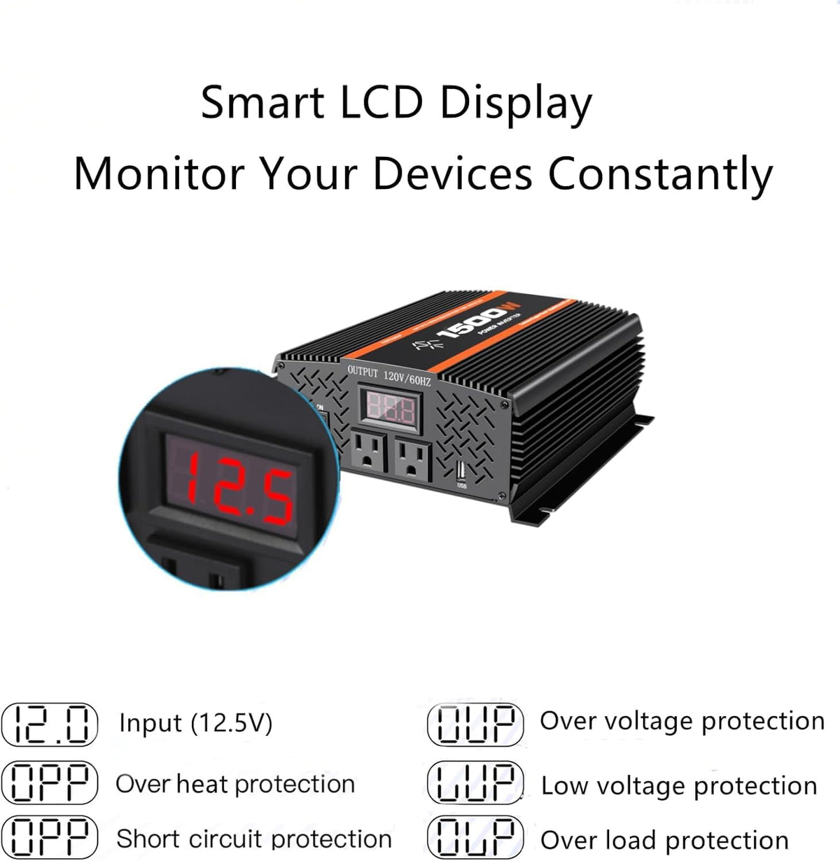 1500 Watt car Power Inverter 12V to 110V/120V for RV car Truck semi Truck Vehicles Camping with LCD Display 1500W
