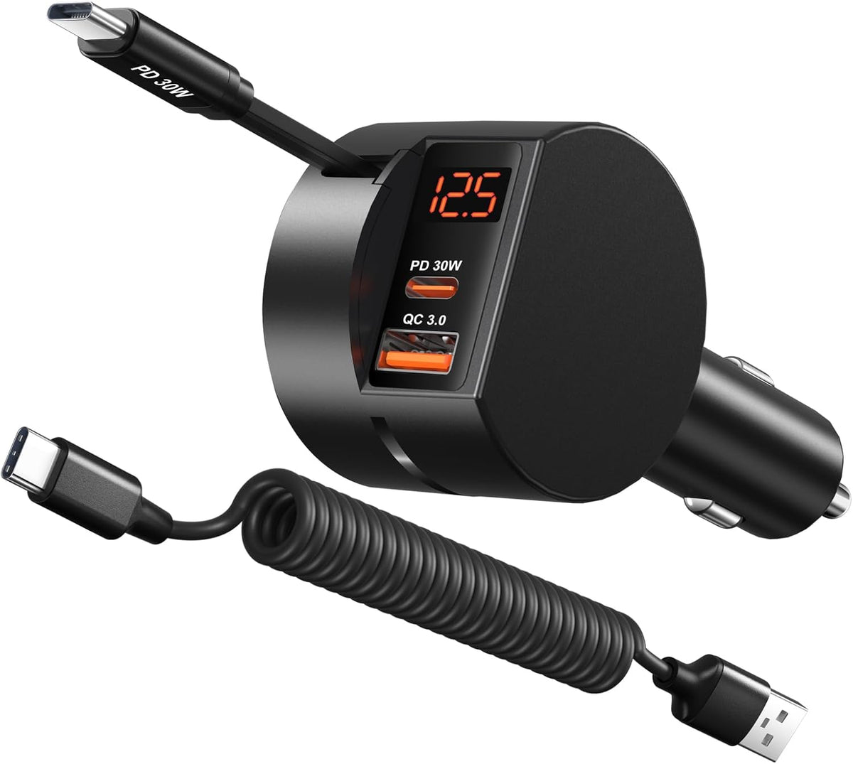 Retractable USB C Car Charger with Cord, OKRAY 78W 3-Port 12v Cigarette Lighter Adapter PD30W Fast Charging Samsung Car Charger & Coiled USB C Cable for Samsung Galaxy S25 S24 A16,iPhone 16 15 Pro Max