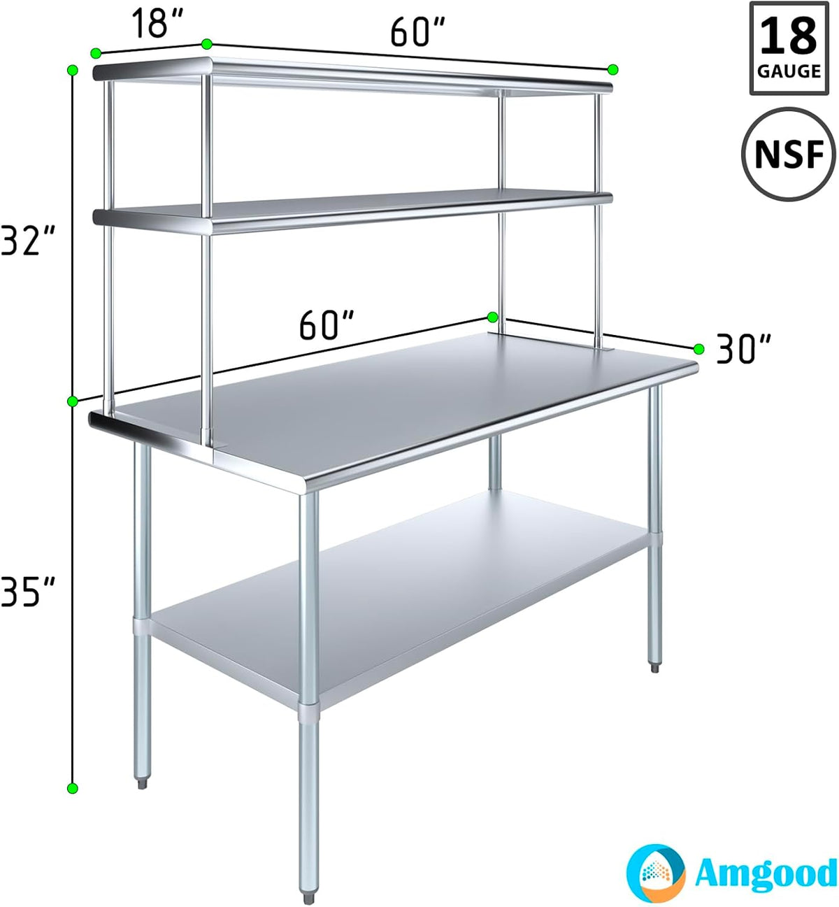 Amgood Stainless Steel Work Table Double Tier Overshelf | Metal Kitchen Prep Table & Shelving Combo (30" x 60" Work Table + 18" Overshelf)