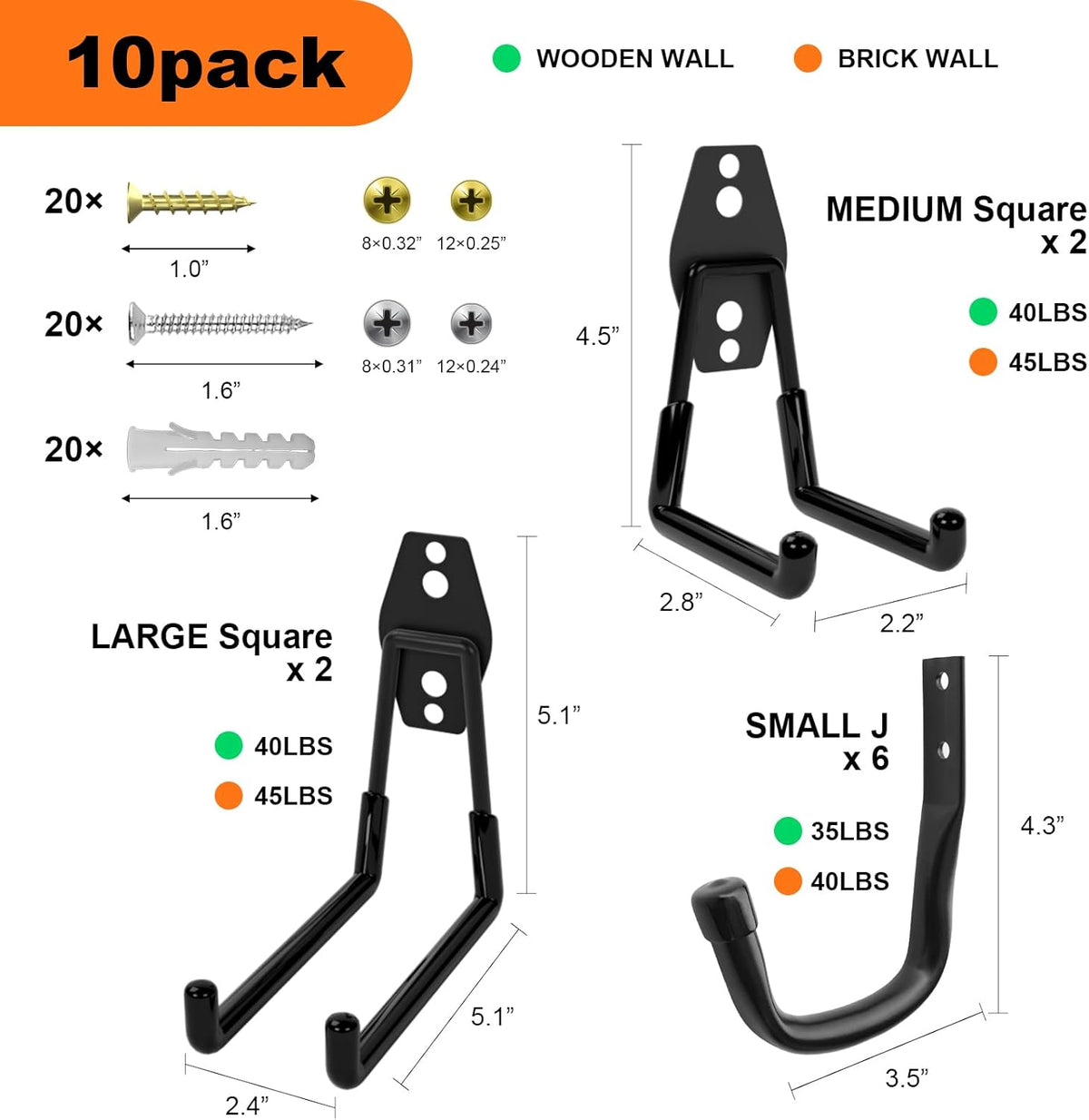 10-Pack Heavy Duty Garage Wall Hooks – Utility J Hooks for Hanging Ladders, Bikes, Garden Tools, Hose, with Anti-Slip Coating (Black*10)