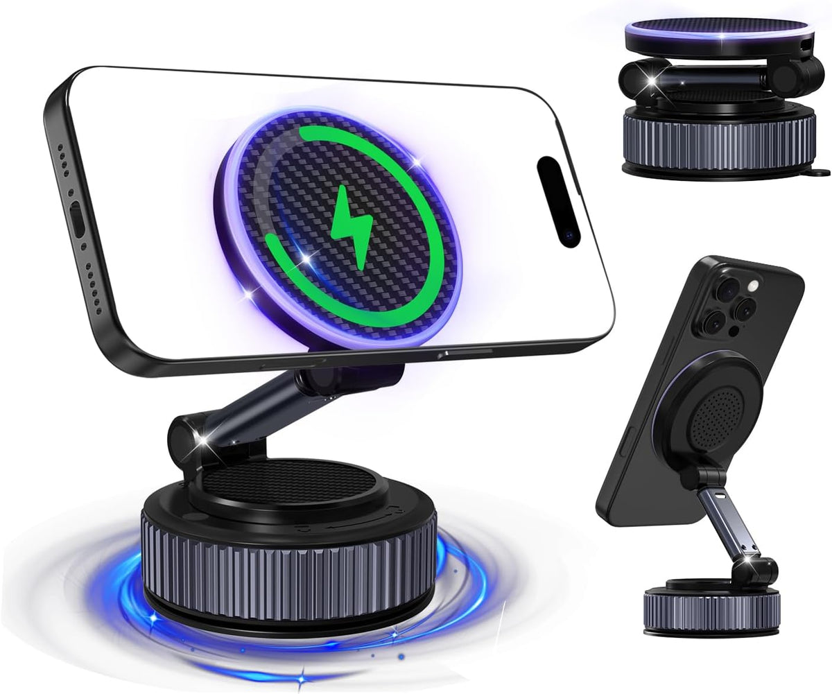 Magnetic Phone Charging Holder for Car - Upgraded 360° Vacuum Magnetic Phone Holder, Foldable Retractable Suction Cup Car Phone Mount for Magsafe for Your Car/Gym/Mirror Mount for iPhone & Android