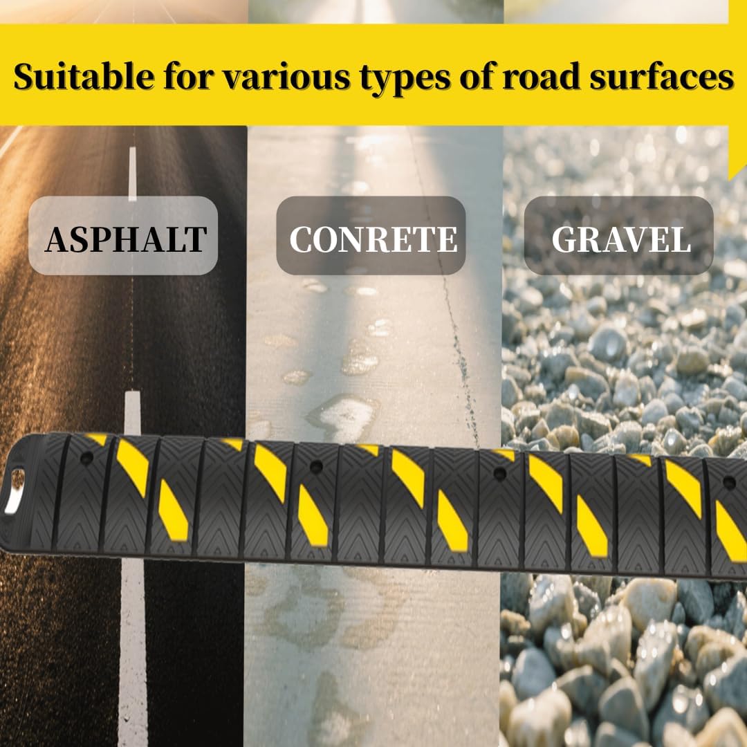 76"x10"x 2" Portable Rubber Speed Bump Reflective Yellow-Black,Quick to fold, Unfold, and Secure for Road use. Suitable for Asphalt Cement Gravel Roads Parking Lots garages Schools and Other Areas.