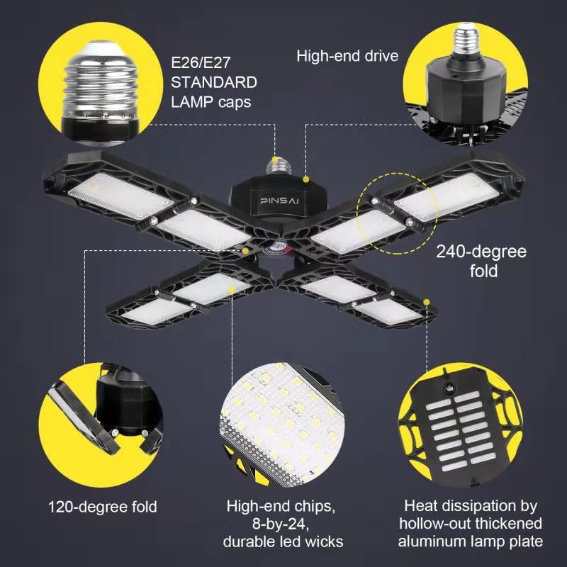 2 Pack LED Garage Light,Super Bright Screw in E26/E27 Ceiling Shop Work Lamp, 200W 20000 Lumen Deformable Basement Bulb Fixture with 8 Adjustable Panels