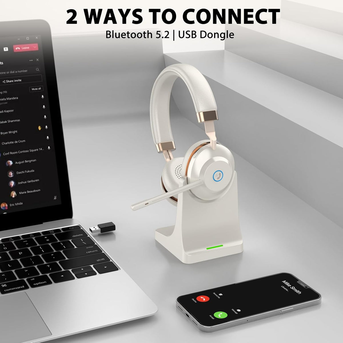 Wireless Headset with Mic for Work, Bluetooth Headset with Microphone Mute & Charging Dock, V5.2 Wireless Headphones with Mic Noise Canceling & USB Dongle, 45Hrs for Work/Meetings/Call Center/Office