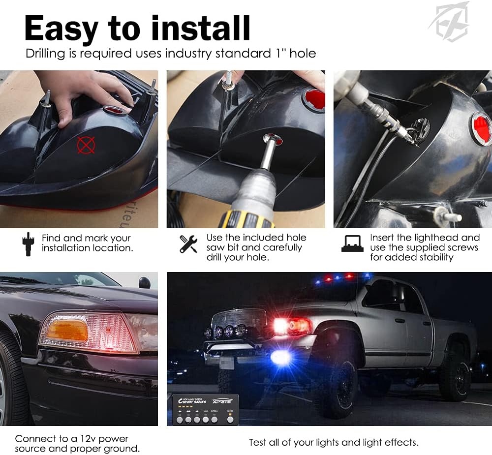 Xprite Red Blue LED Hideaway Strobe Police Lights Kit, 20 Flashing Patterns w/Control Panel for Headlights Taillights Hazard Warning Mounting, for Emergency Vehicles Volunteer Cop Cars Trucks, 4PCS
