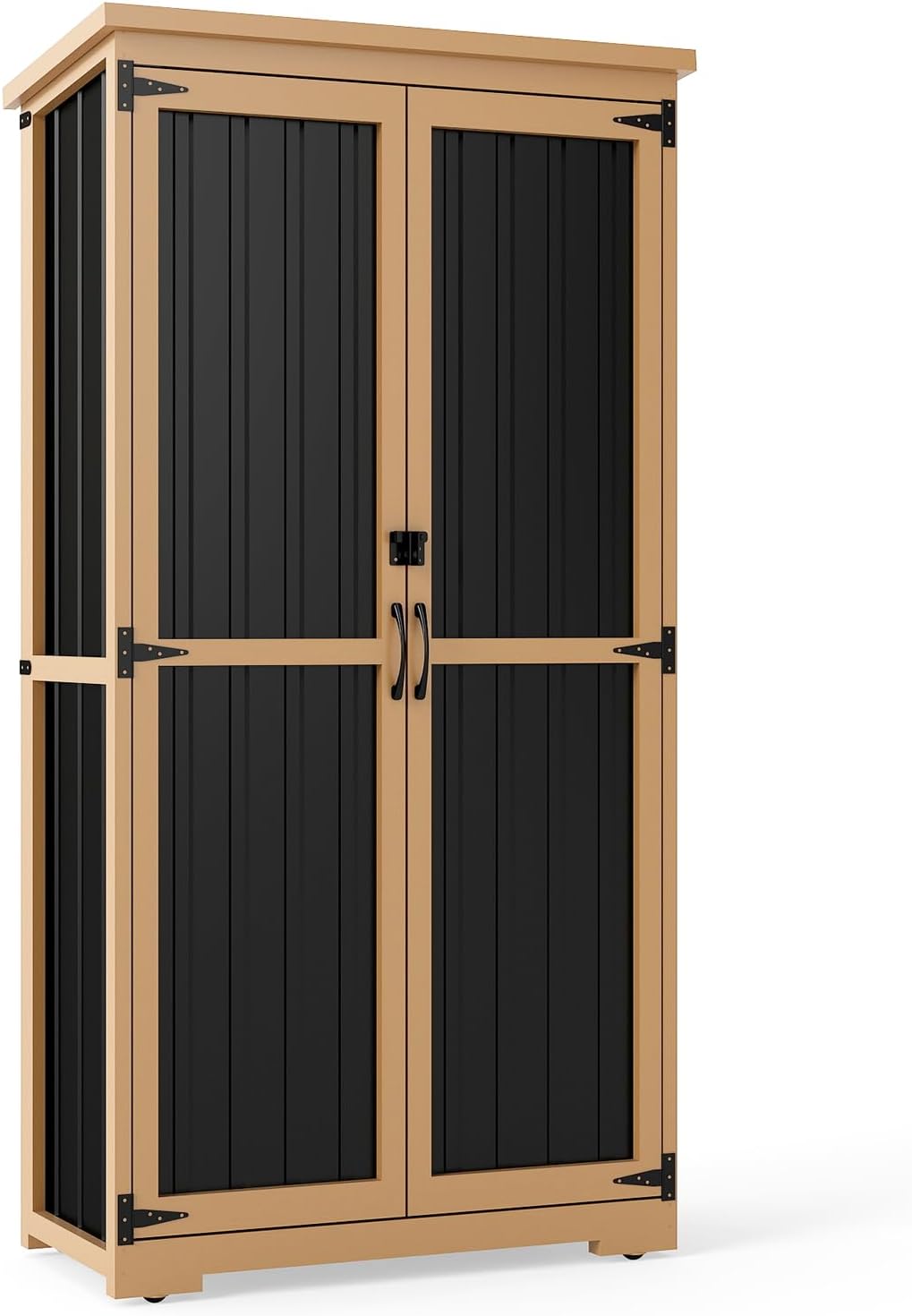Outdoor Storage Cabinet,Wood & Metal Storage Shed with Lockable Doors & Adjustable Shelves,Vertical Outdoor Cabinets Weatherproof for Patio Backyard, Gardening Tools and Accessories,Brown