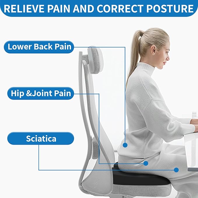 Seat Cushion for Office Chair & Car - Memory Foam Coccyx Support Pillow with Non-Slip Cover, Sciatica & Lower Back Pain Relief,Ergonomic Seat Pad for Long Drives (Medium Firm-Black)