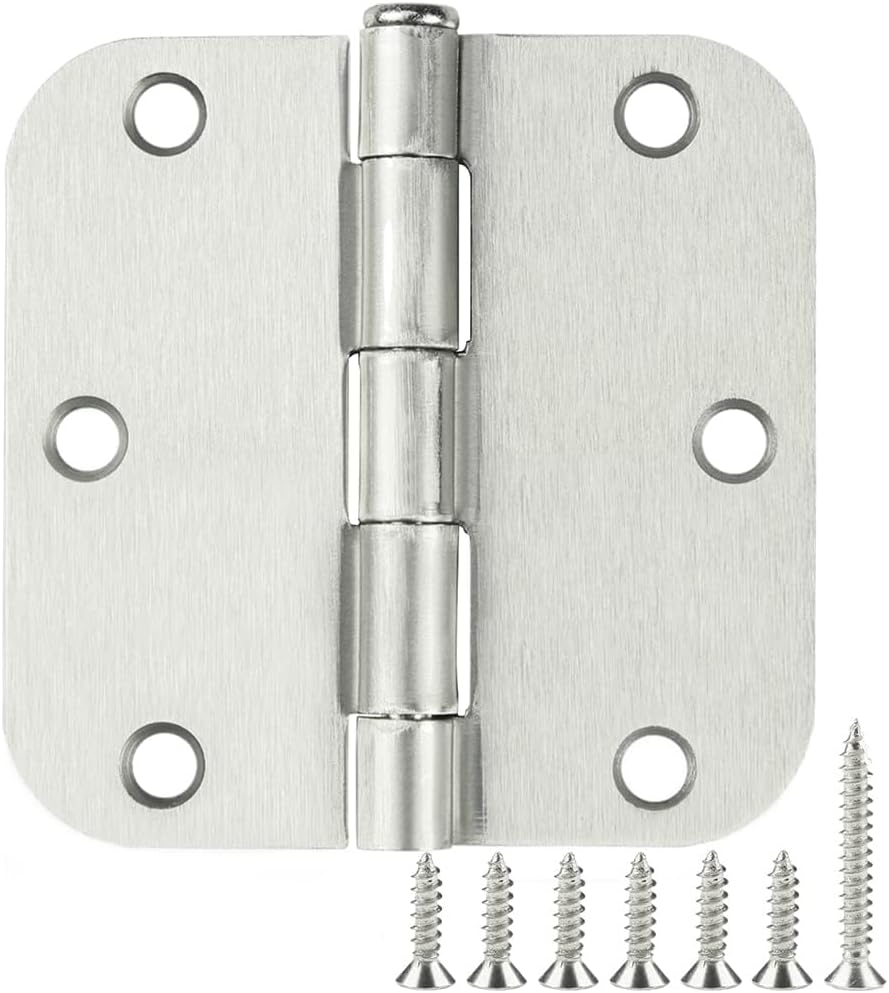 3 Pack Rounded Door Hinges Brushed Nickel 3.5 Inch 5/8" Radius Hardware Satin 3 ½" Heavy Duty Flat Iron Silver Hinge for Doors Kit Interior 3 1/2" Bedroom Kitchen Living Storage Study Room Hallway