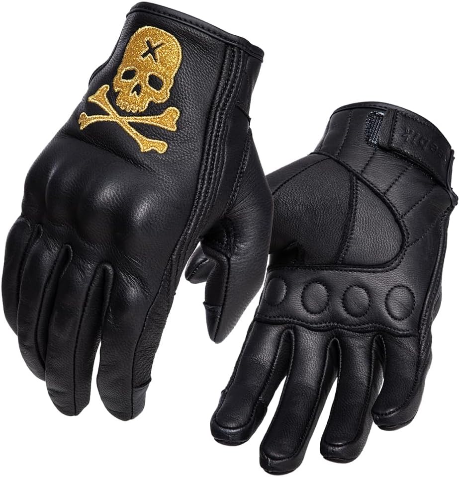 Goatskin Leather Motorcycle Motorbike Powersports Racing Gloves Reflective Skull Touchscreen for Men and Women Model