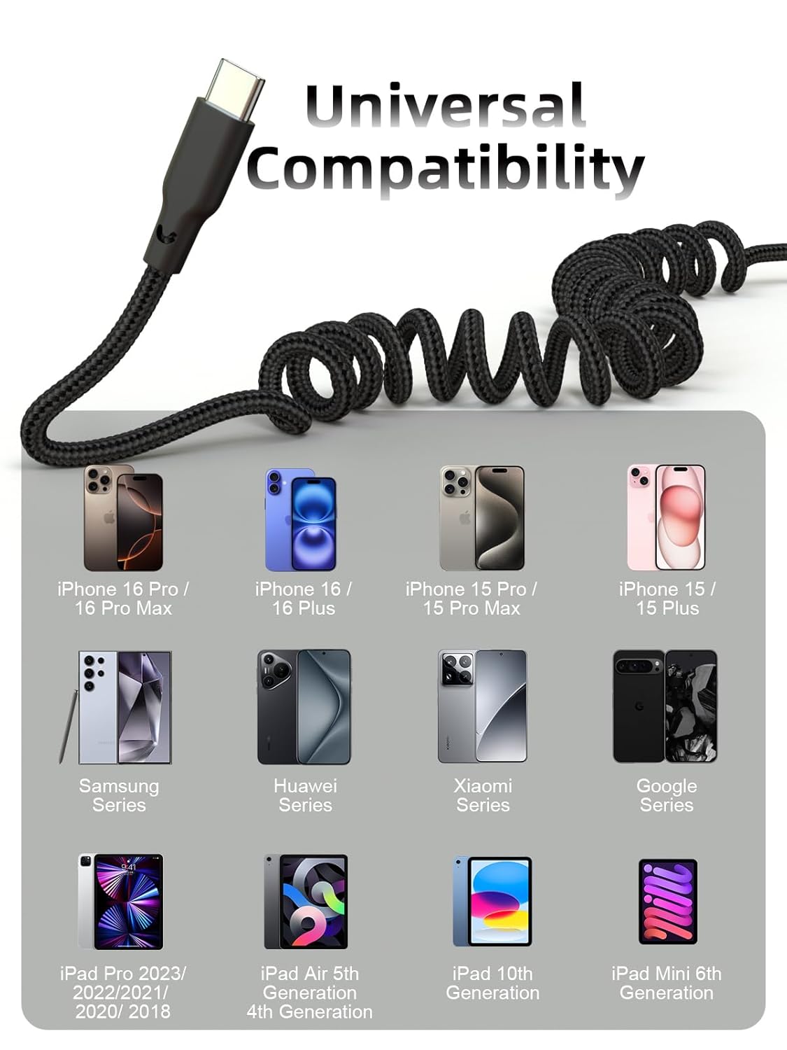 Car Carplay Cable 2Pack 3ft Coiled USB A to USB C Fast Charge Cord for iPhone 16/15/Plus/Pro Max/MacBook Pro, Auto Coiled Retractable iPhone Car Cord