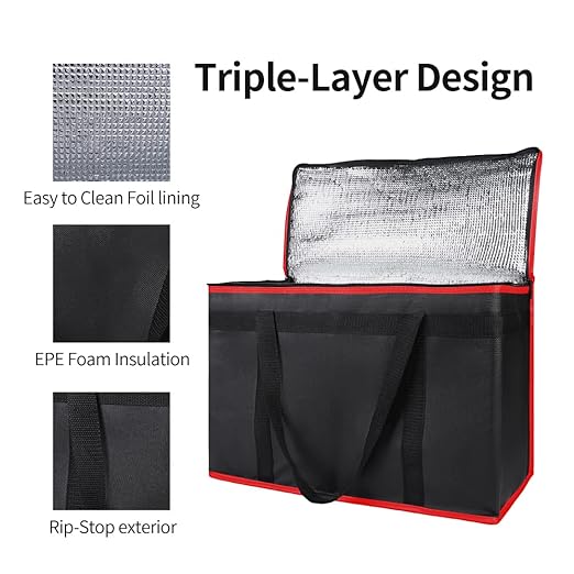 Bodaon Insulated Food Delivery Bag, XX-Large Reusable Grocery Shopping Bags, Picnic Cooler Bag Zipper/Zippered Top Cold, Black with Red Edge, 1-Pack