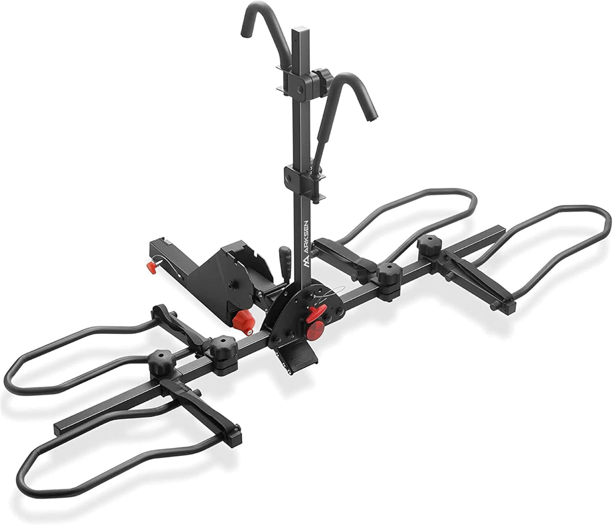 Arksen 2" Hitch Mounted Foldable Rack Quick Release Handle Smart Tilting 2-Bike Platform Style Carrier for Standard, Fat Tire, and Electric Bicycles -160 lbs Heavy Weight Capacity